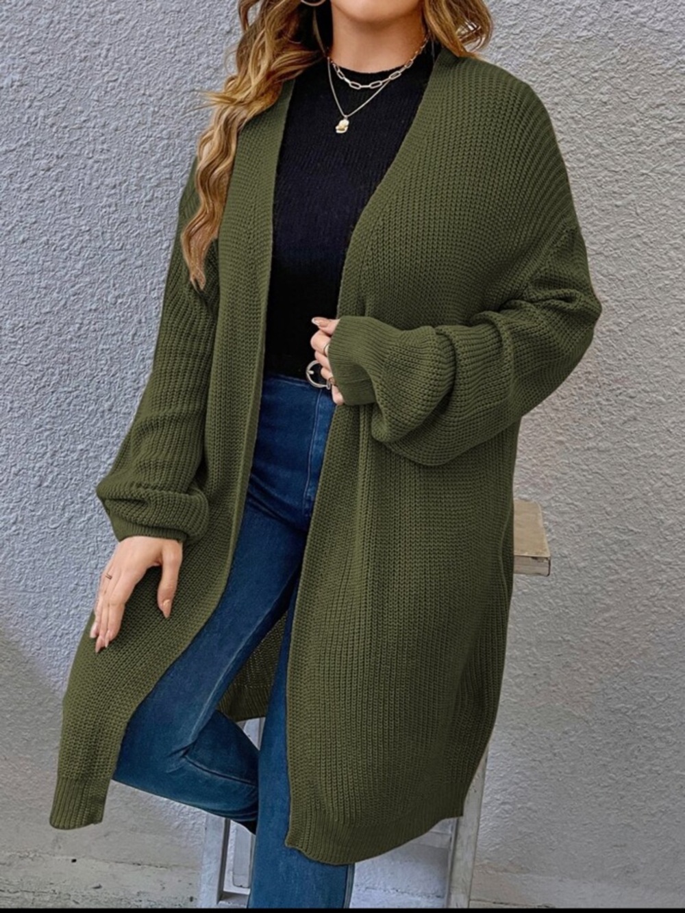 Olive Open-Front Longline Knit Cardigan Sweater for Women